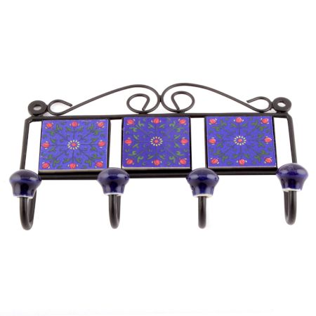 Navy Blue And Red Rose Flower Tiles Hooks